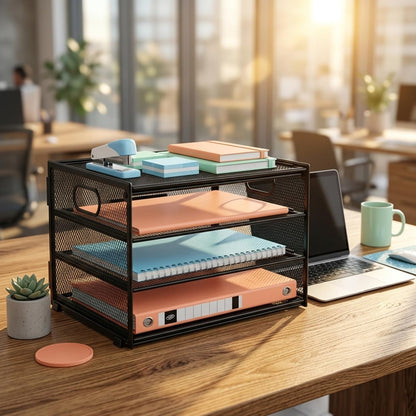 Metal A4 Document Tray, Stackable Filing Trays with 4 Compartments for Office & Home Office