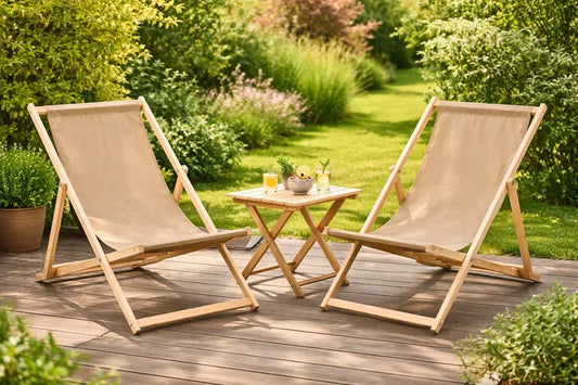 Sada 2 ležadiel CHAIR s polstrovaním, skladacie ležadlo, záhradné, drevené, na terasu, SEASIDE, plážový festival, vonkajšie cestovné sedadlo + STÔL béžový